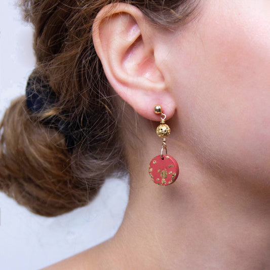 Circle Sphere Dangling Concrete Earrings - Red