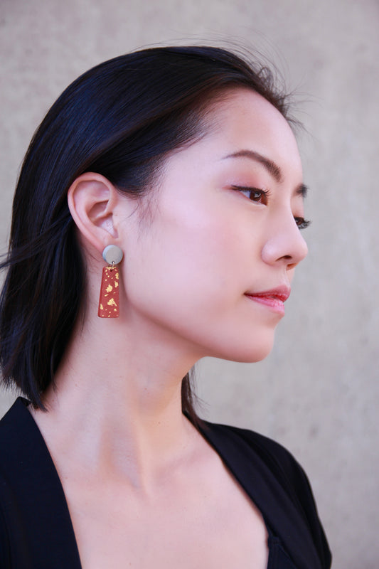 Circle Trapezoid Concrete Earrings - Grey + Red