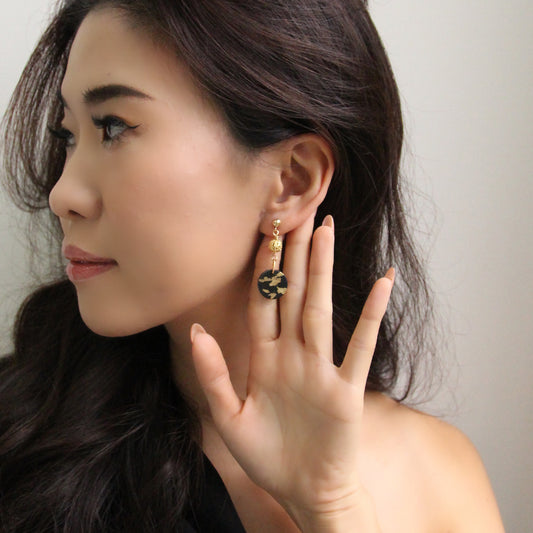 Circle Sphere Dangling Concrete Earrings - Black