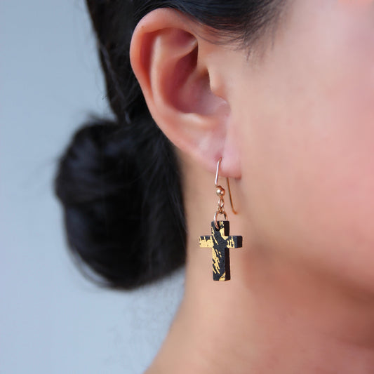 Cross Dangling Concrete Earrings - Black