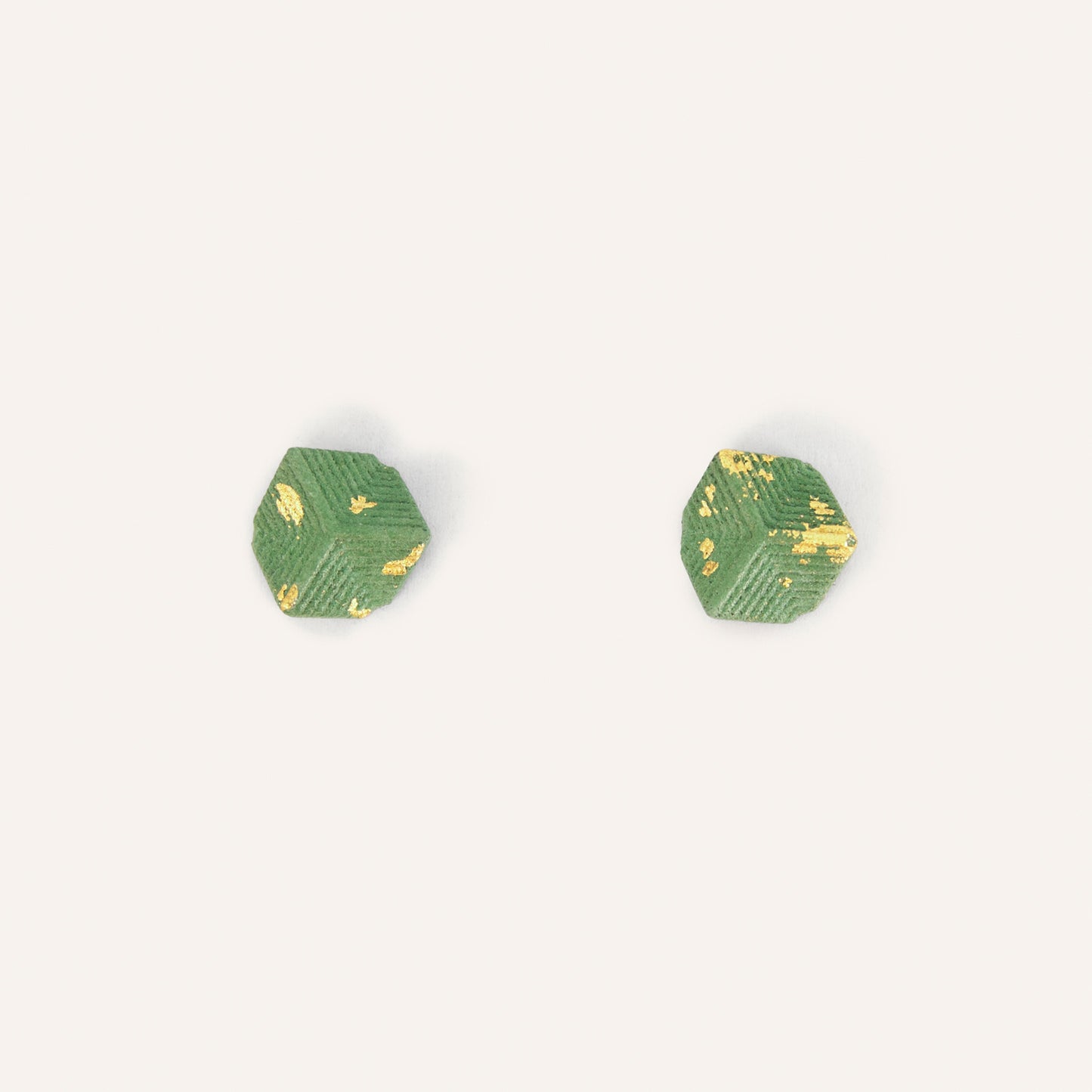 3D Brick Stud Earrings - Green/Gold
