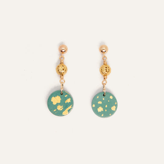 Circle Sphere Dangling Concrete Earrings - Green