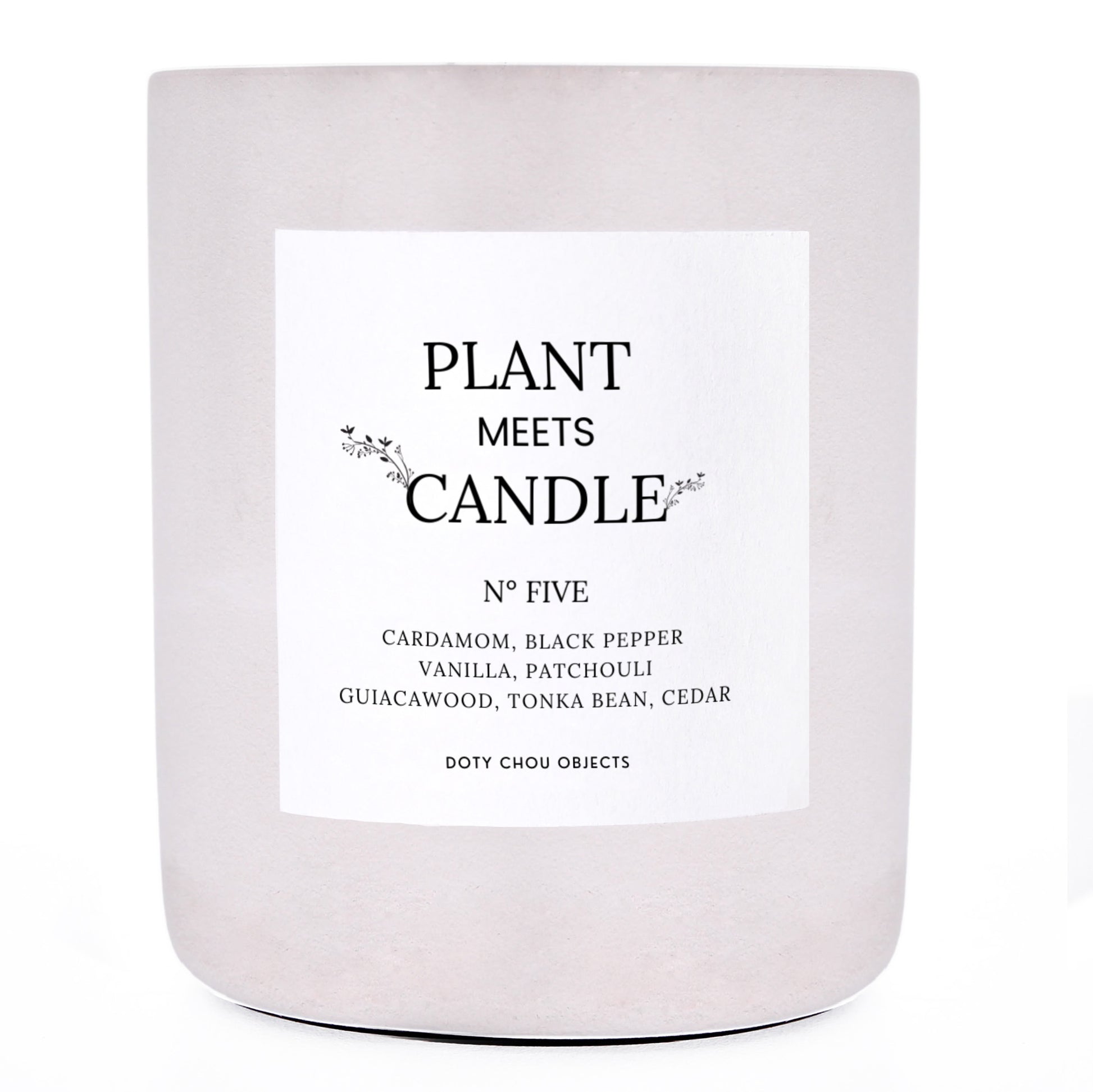 A light grey concrete candle vessel labelled as Plant Meets Candle No. Five.