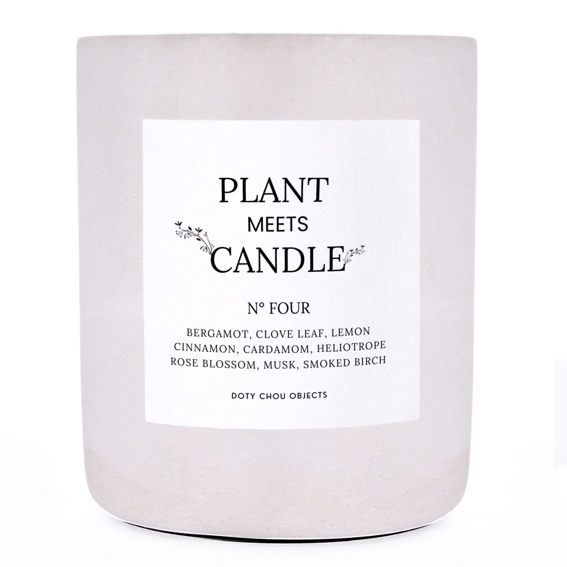 A light grey concrete candle vessel labelled as Plant Meets Candle No. Four.