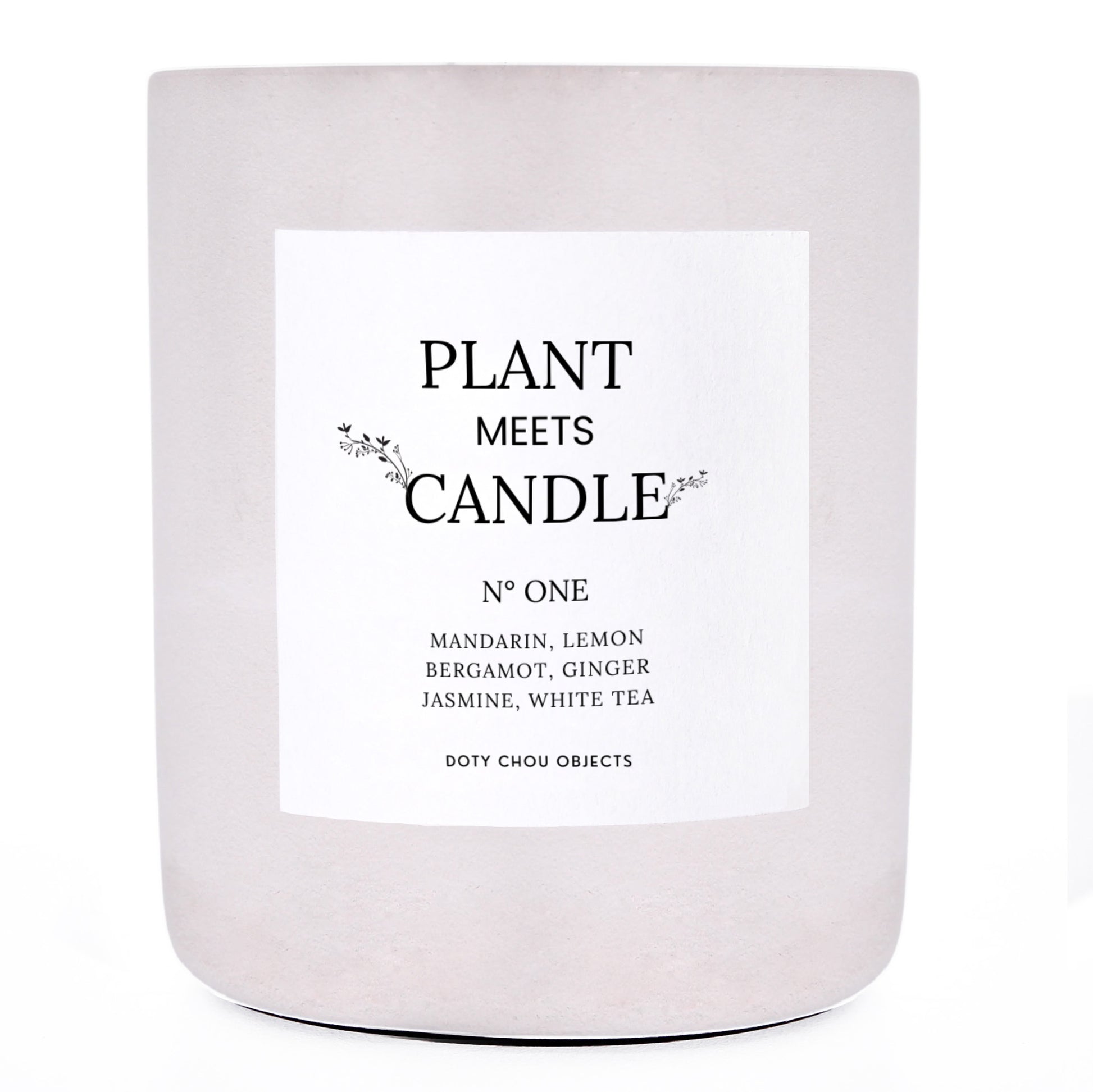 A light grey concrete candle vessel labelled as Plant Meets Candle No. One.