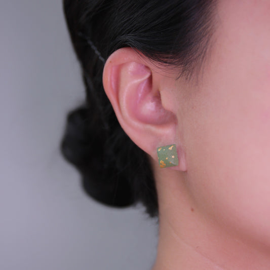 Cube Stud Earrings - Green/Gold