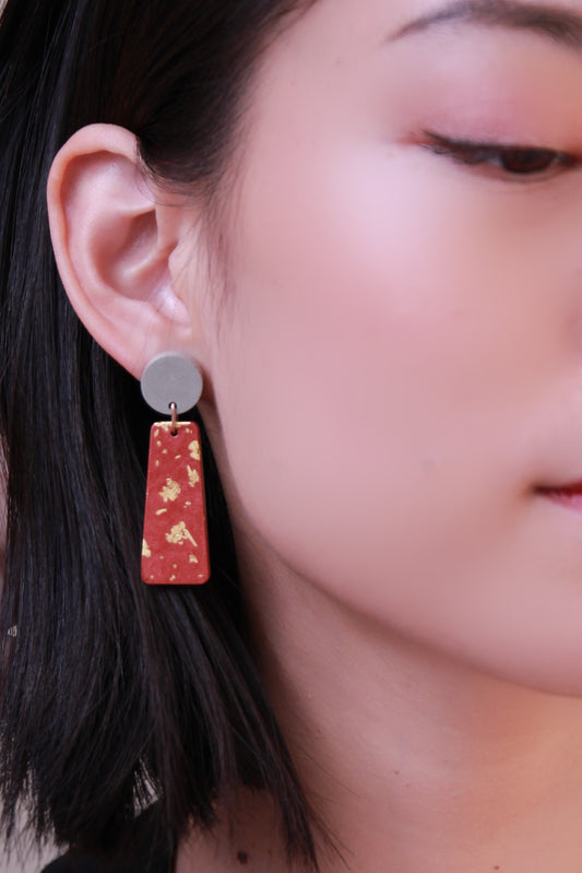 Circle Trapezoid Earrings - Grey + Red