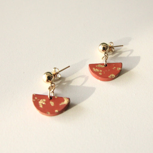 Semi Circle Concrete Earrings - Red + Gold Filled Posts