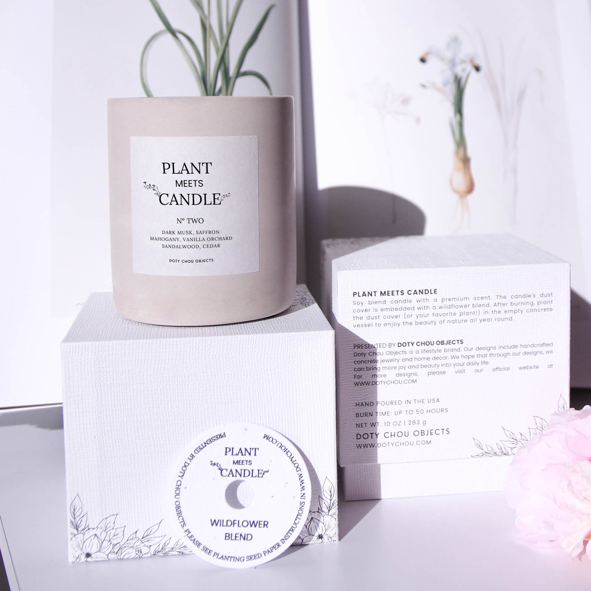 A light grey concrete vessel containing Plant Meets Candle No. Two displayed with botanical images alongside its product box and seed paper dustcover.