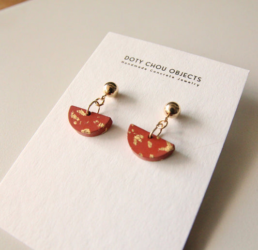 Semi Circle Concrete Earrings - Red + Gold Filled Posts